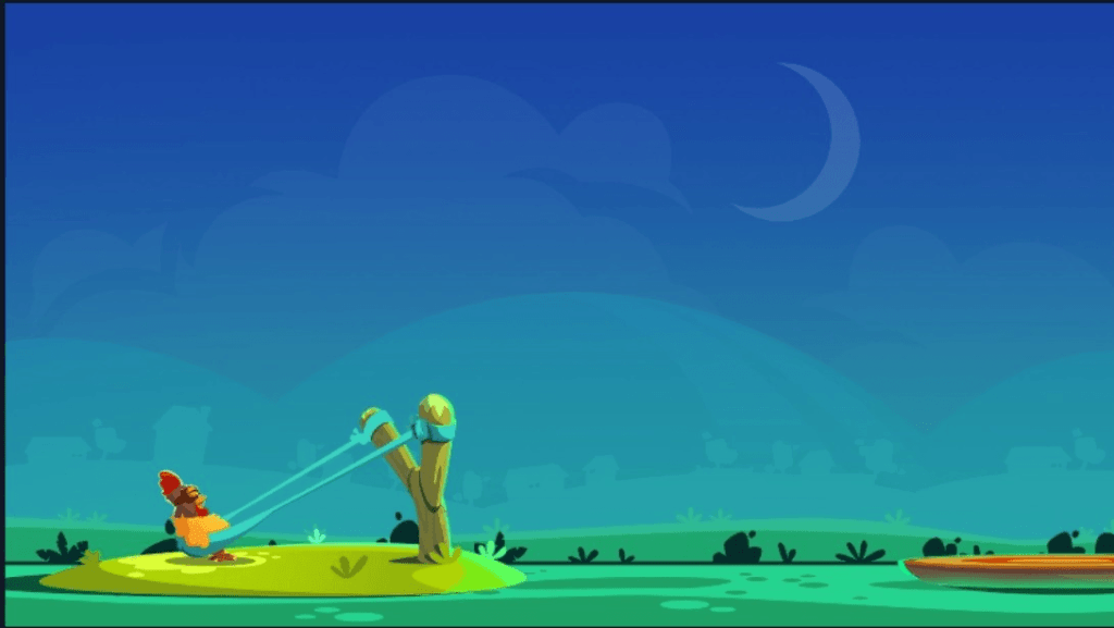 Poulet cartoon propulsé par un lance-pierre dans un paysage nocturne coloré avec lune et collines en arrière-plan, style jeu casual Wingz Casino